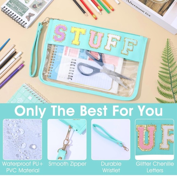 Turquoise Transparent Stuff Makeup Bag with Colorful 'STUFF' Letters - Picture 4 of 5